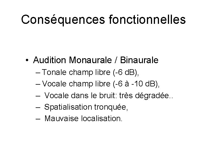 Conséquences fonctionnelles • Audition Monaurale / Binaurale – Tonale champ libre (-6 d. B),