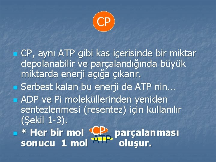 CP n n CP, aynı ATP gibi kas içerisinde bir miktar depolanabilir ve parçalandığında