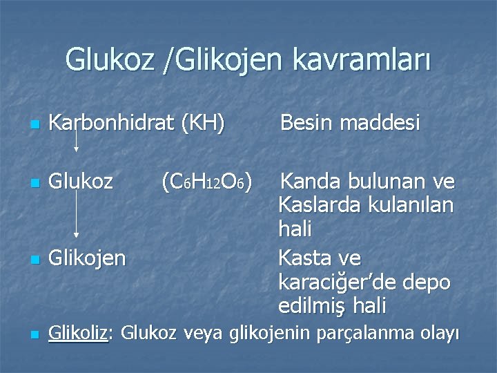 Glukoz /Glikojen kavramları n Karbonhidrat (KH) Besin maddesi n Glukoz n Glikojen Kanda bulunan