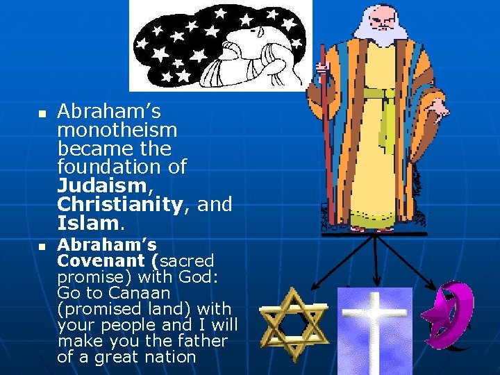  n n Abraham’s monotheism became the foundation of Judaism, Christianity, and Islam. Abraham’s