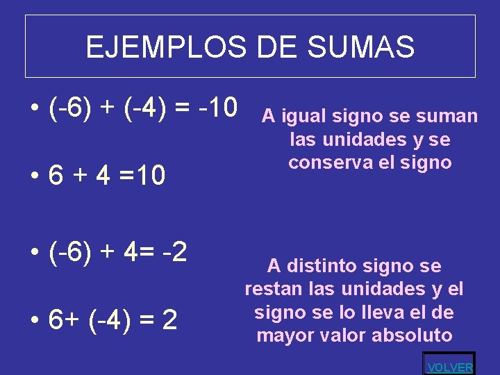 EJEMPLOS DE SUMAS • (-6) + (-4) = -10 • 6 + 4 =10