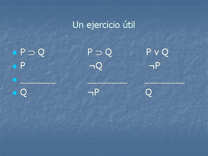 Un ejercicio útil n n P Q P _______ Q P Q ¬Q ____