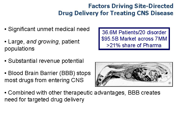 Factors Driving Site-Directed Drug Delivery for Treating CNS Disease • Significant unmet medical need
