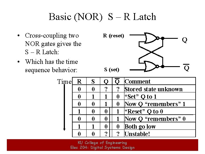 Basic (NOR) S – R Latch • Cross-coupling two NOR gates gives the S