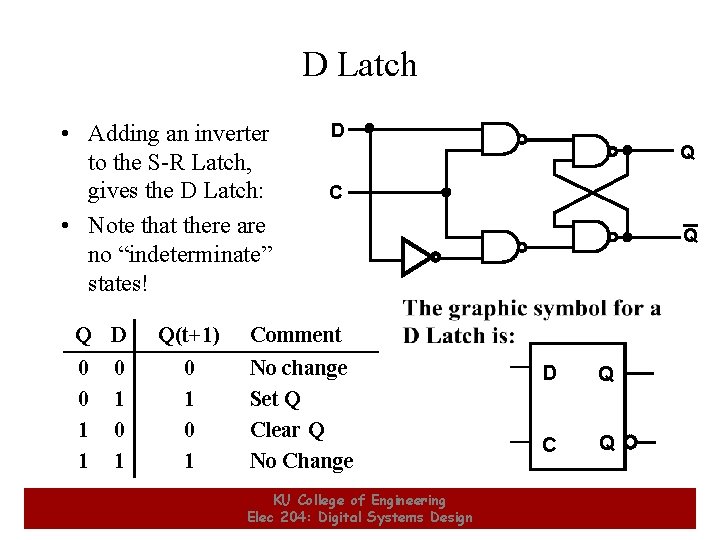 D Latch • Adding an inverter to the S-R Latch, gives the D Latch: