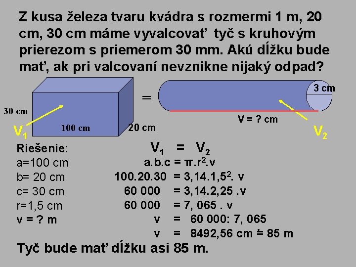 Z kusa železa tvaru kvádra s rozmermi 1 m, 20 cm, 30 cm máme