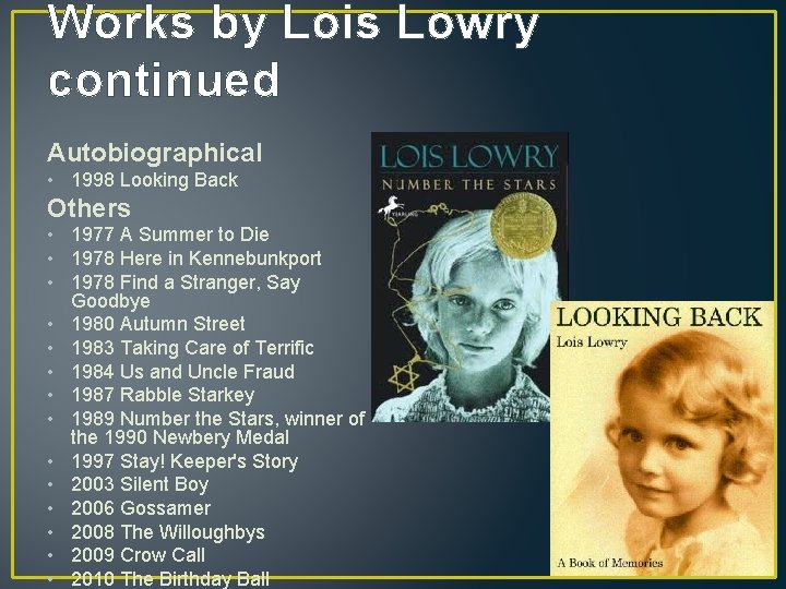 Works by Lois Lowry continued Autobiographical • 1998 Looking Back Others • 1977 A