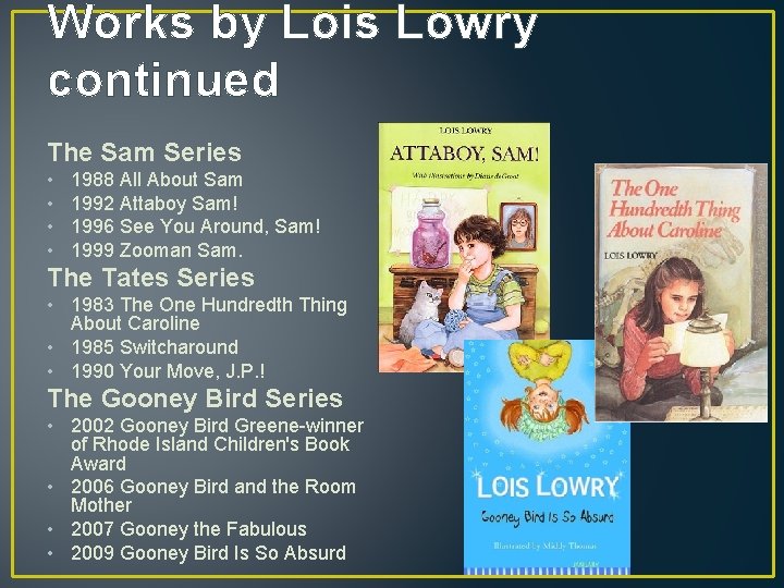 Works by Lois Lowry continued The Sam Series • • 1988 All About Sam