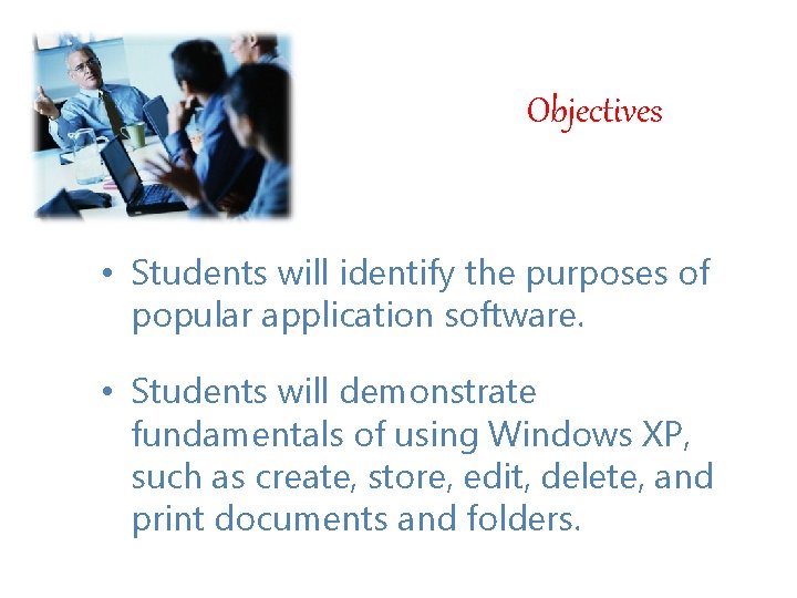 Objectives • Students will identify the purposes of popular application software. • Students will