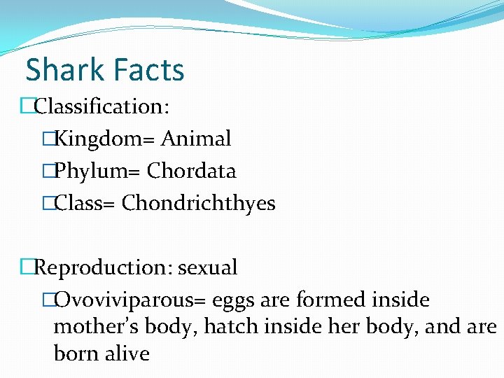 Shark Facts �Classification: �Kingdom= Animal �Phylum= Chordata �Class= Chondrichthyes �Reproduction: sexual �Ovoviviparous= eggs are
