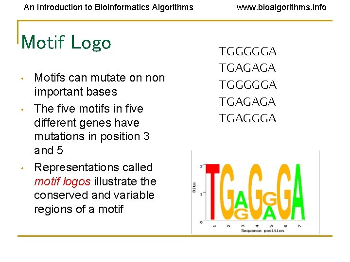 An Introduction to Bioinformatics Algorithms Motif Logo • • • Motifs can mutate on