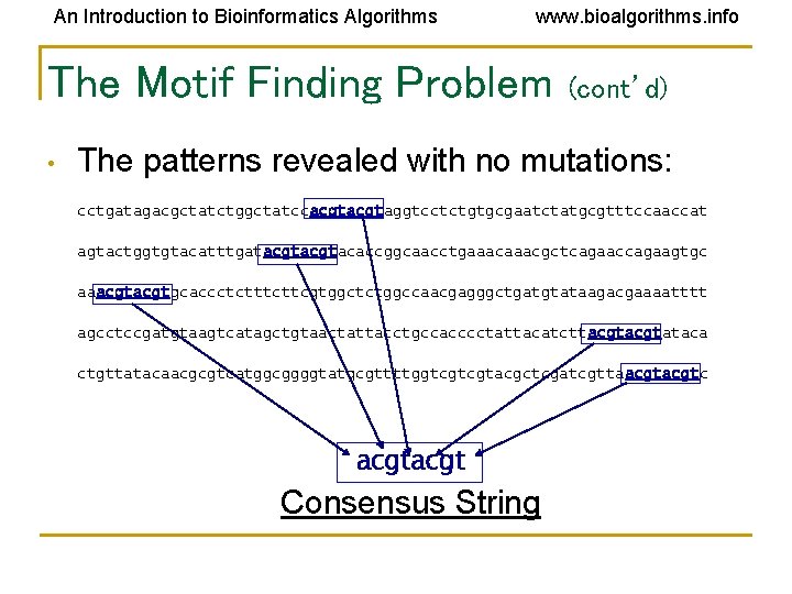 An Introduction to Bioinformatics Algorithms www. bioalgorithms. info The Motif Finding Problem • (cont’d)