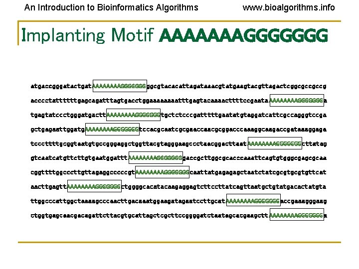 An Introduction to Bioinformatics Algorithms www. bioalgorithms. info Implanting Motif AAAAAAAGGGGGGG atgaccgggatactgat. AAAAGGGGGGGggcgtacacattagataaacgtatgaagtacgttagactcggcgccgccg acccctattttttgagcagatttagtgacctggaaaatttgagtacaaaacttttccgaata