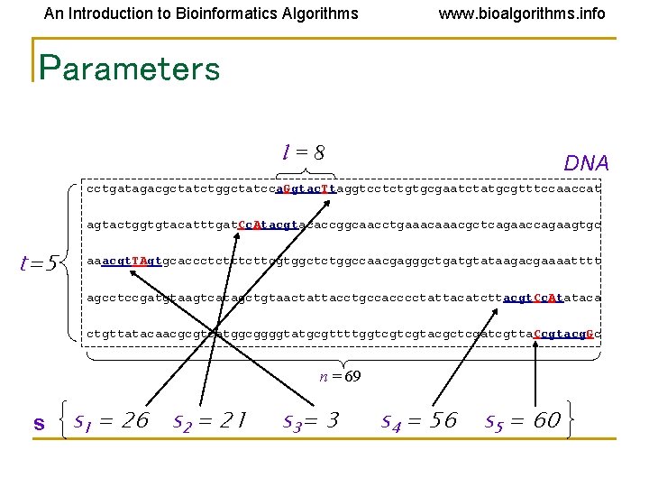 An Introduction to Bioinformatics Algorithms www. bioalgorithms. info Parameters l=8 DNA cctgatagacgctatctggctatcca. Ggtac. Ttaggtcctctgtgcgaatctatgcgtttccaaccat