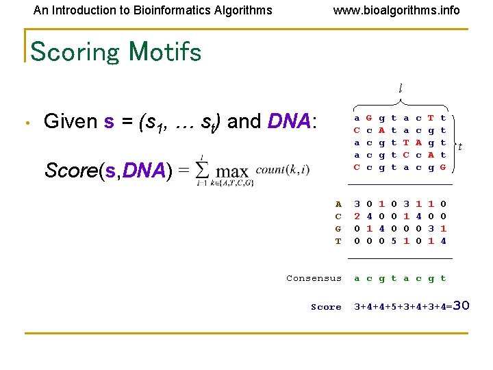 An Introduction to Bioinformatics Algorithms www. bioalgorithms. info Scoring Motifs l • Given s