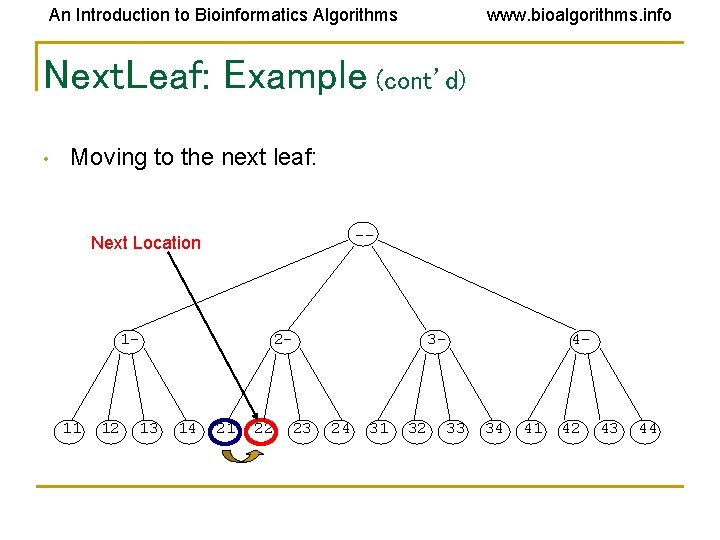 An Introduction to Bioinformatics Algorithms www. bioalgorithms. info Next. Leaf: Example (cont’d) • Moving