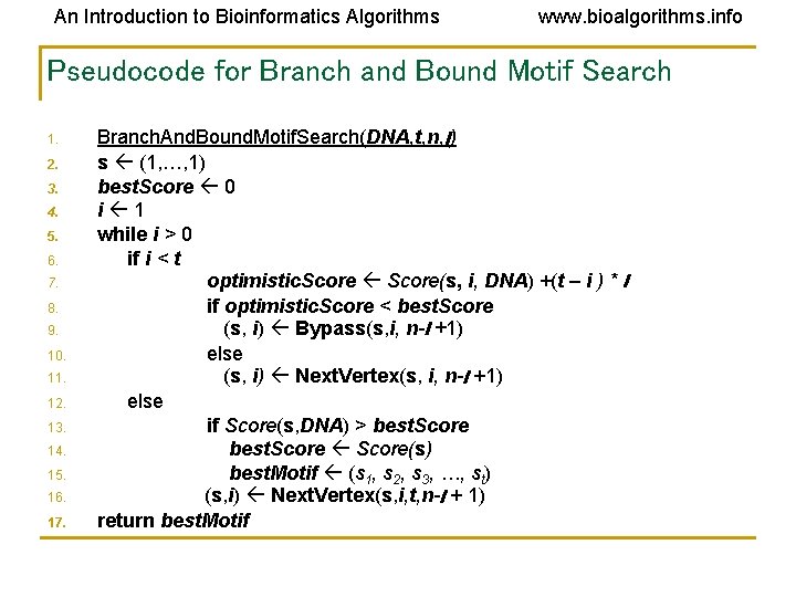 An Introduction to Bioinformatics Algorithms www. bioalgorithms. info Pseudocode for Branch and Bound Motif