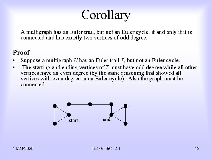 Corollary A multigraph has an Euler trail, but not an Euler cycle, if and