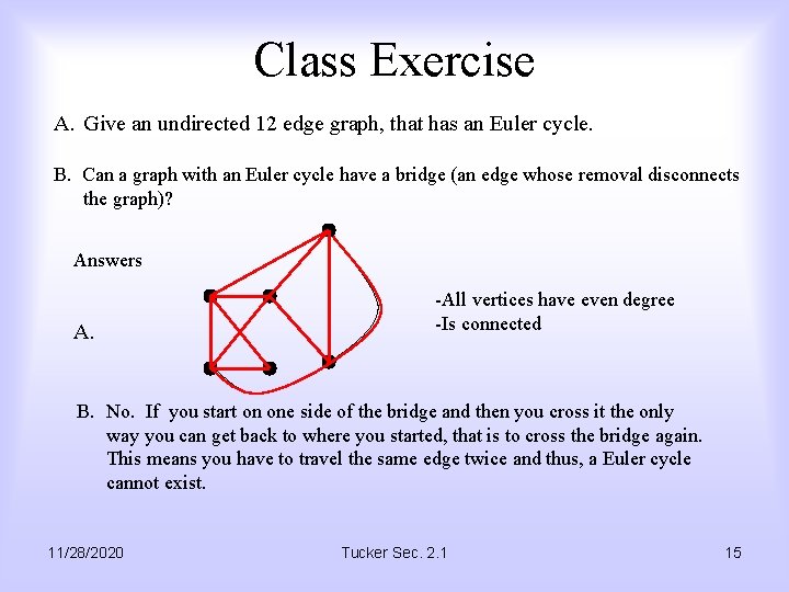 Class Exercise A. Give an undirected 12 edge graph, that has an Euler cycle.