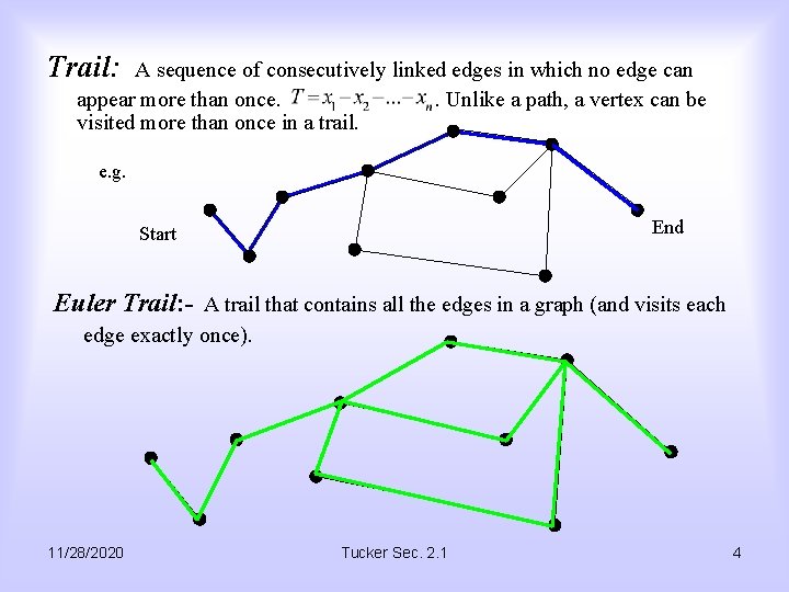Trail: A sequence of consecutively linked edges in which no edge can appear more
