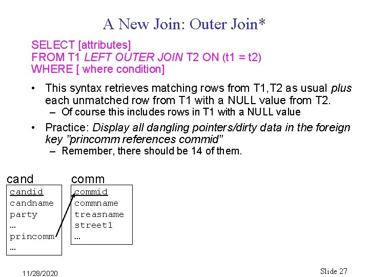 A New Join: Outer Join* SELECT [attributes] FROM T 1 LEFT OUTER JOIN T