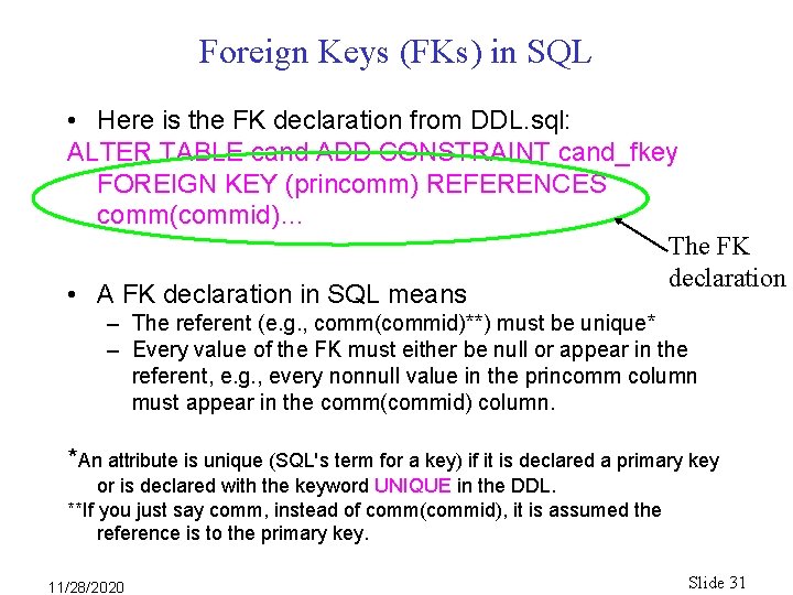 Foreign Keys (FKs) in SQL • Here is the FK declaration from DDL. sql: Foreign Keys (FKs) in SQL • Here is the FK declaration from DDL. sql: