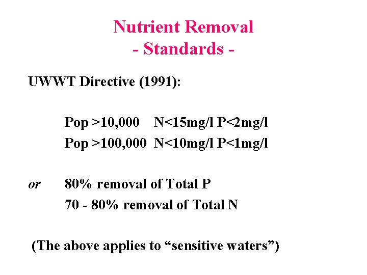 Nutrient Removal - Standards UWWT Directive (1991): Pop >10, 000 N<15 mg/l P<2 mg/l