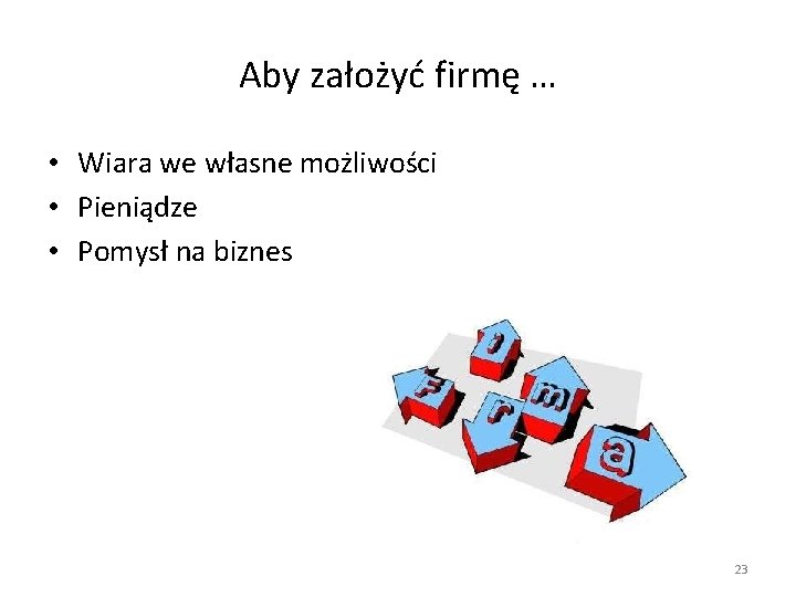 Aby założyć firmę … • Wiara we własne możliwości • Pieniądze • Pomysł na