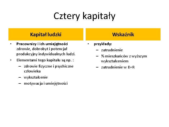 Cztery kapitały Kapitał ludzki • • Pracownicy i ich umiejętności zdrowie, dobrobyt i potencjał