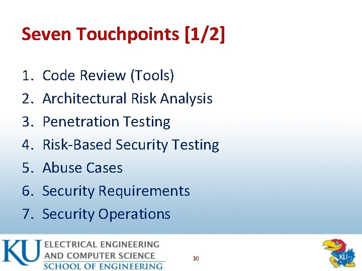 Seven Touchpoints [1/2] 1. 2. 3. 4. 5. 6. 7. Code Review (Tools) Architectural