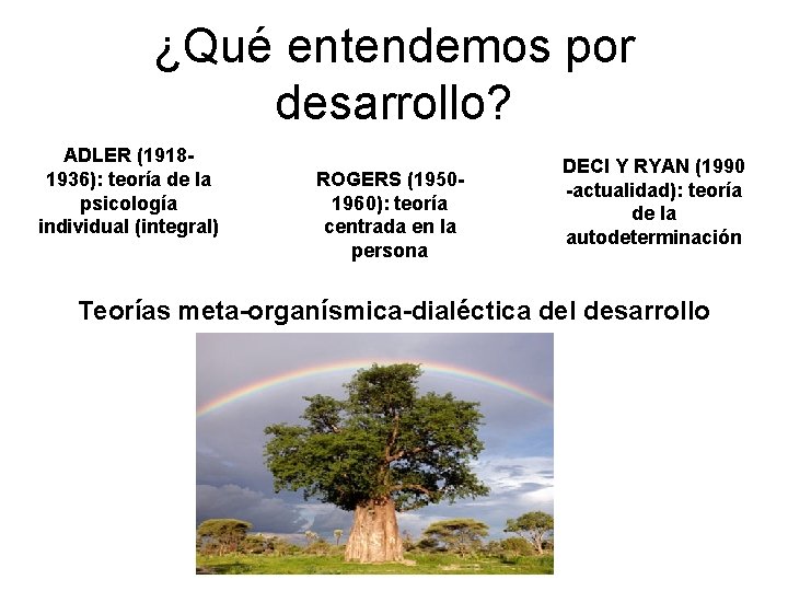 ¿Qué entendemos por desarrollo? ADLER (19181936): teoría de la psicología individual (integral) ROGERS (19501960):