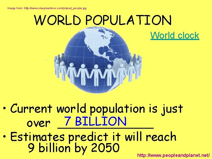 Image from: http: //www. sleepbamboo. com/planet_people. jpg WORLD POPULATION World clock • Current world