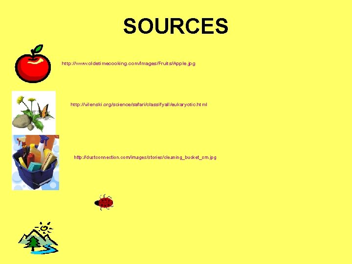 SOURCES http: //www. oldetimecooking. com/Images/Fruits/Apple. jpg http: //vilenski. org/science/safari/classifyall/eukaryotic. html http: //dustconnection. com/images/stories/cleaning_bucket_sm. jpg