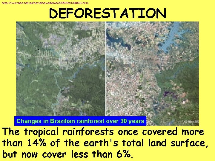 http: //www. abc. net. au/newsitems/200506/s 1384632. htm DEFORESTATION Changes in Brazilian rainforest over 30