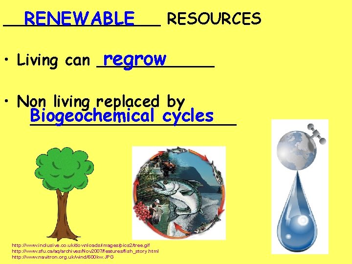 ________ RESOURCES RENEWABLE regrow • Living can ______ • Non living replaced by Biogeochemical