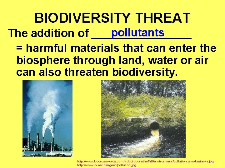 BIODIVERSITY THREAT pollutants The addition of ________ = harmful materials that can enter the