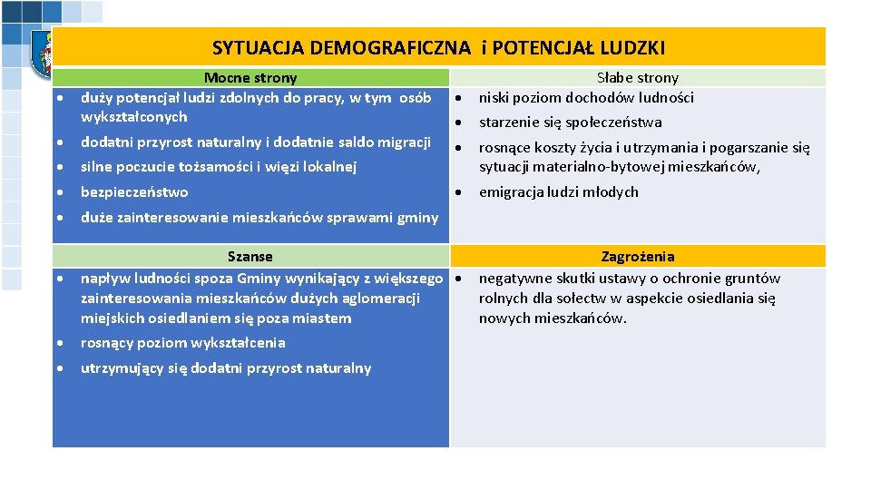 SYTUACJA DEMOGRAFICZNA i POTENCJAŁ LUDZKI Mocne strony duży potencjał ludzi zdolnych do pracy, w