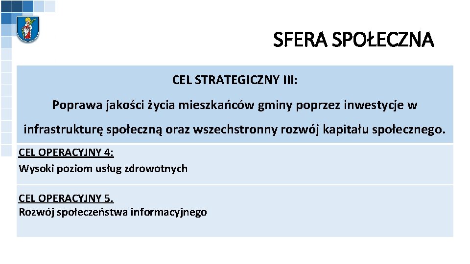 SFERA SPOŁECZNA CEL STRATEGICZNY III: Poprawa jakości życia mieszkańców gminy poprzez inwestycje w infrastrukturę