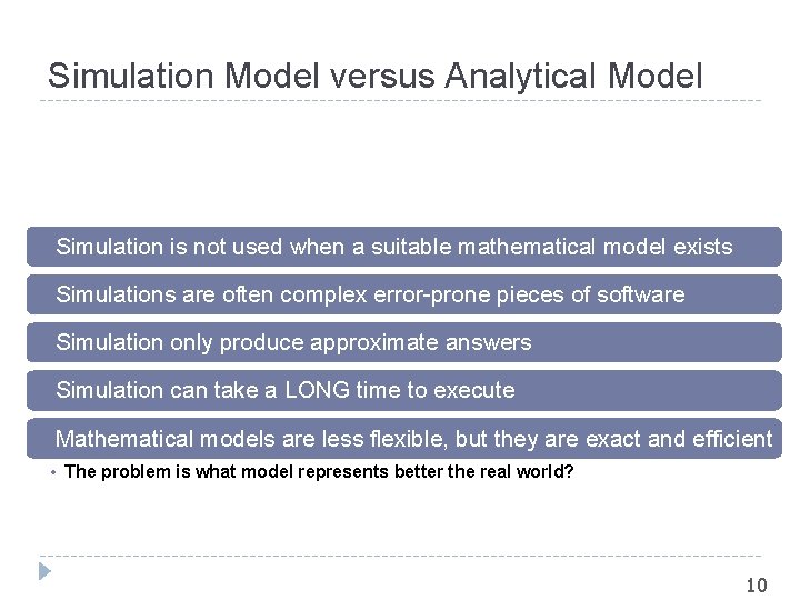 Simulation Model versus Analytical Model ¡Simulation is not used when a suitable mathematical model