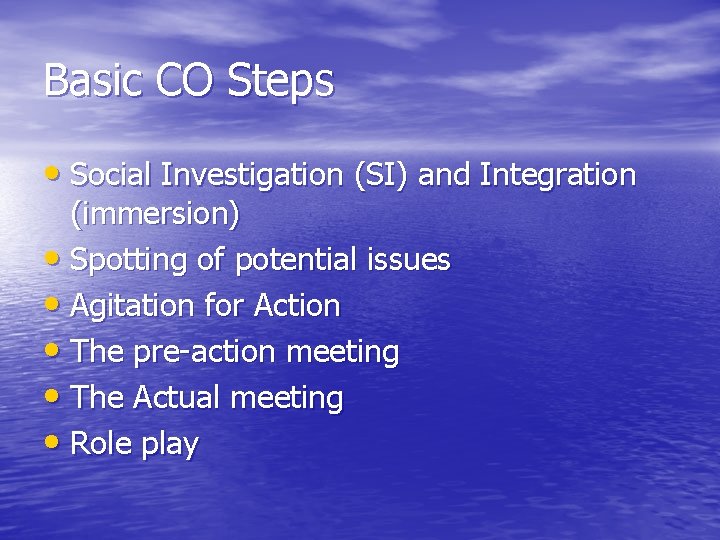 Basic CO Steps • Social Investigation (SI) and Integration (immersion) • Spotting of potential