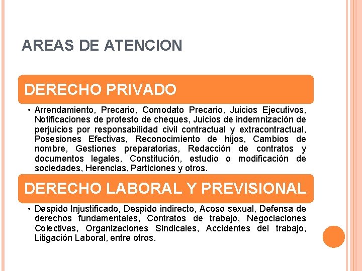 AREAS DE ATENCION DERECHO PRIVADO • Arrendamiento, Precario, Comodato Precario, Juicios Ejecutivos, Notificaciones de