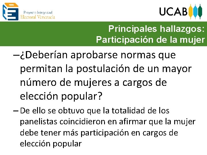 Principales hallazgos: Participación de la mujer –¿Deberían aprobarse normas que permitan la postulación de