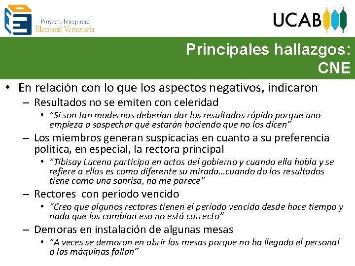 Principales hallazgos: CNE • En relación con lo que los aspectos negativos, indicaron –