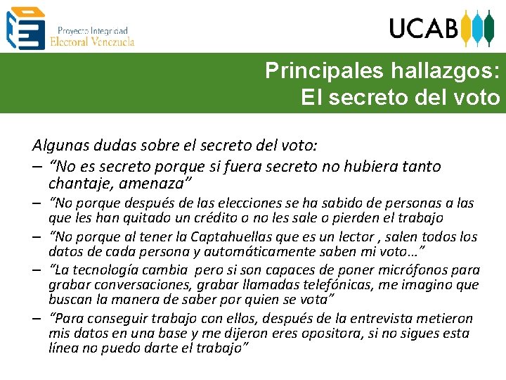 Principales hallazgos: El secreto del voto Algunas dudas sobre el secreto del voto: –