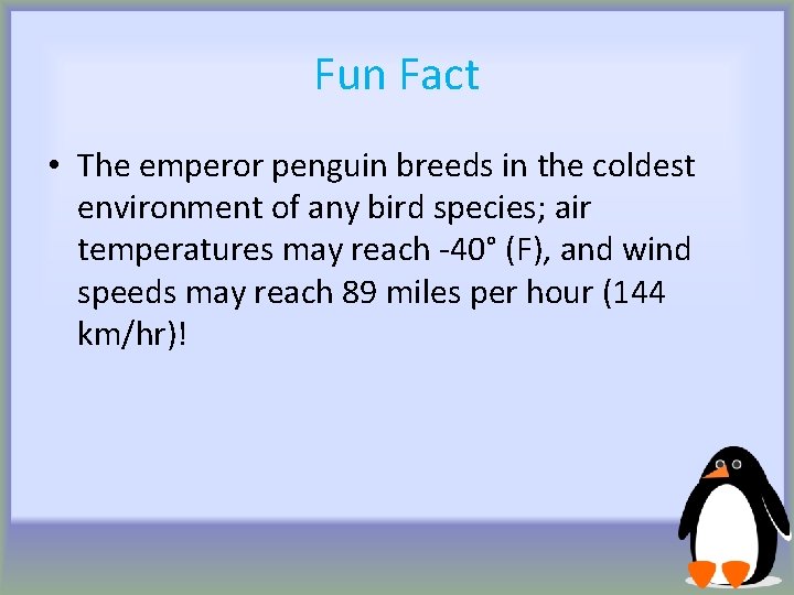 Fun Fact • The emperor penguin breeds in the coldest environment of any bird