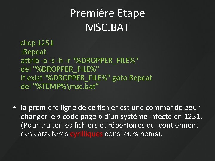 Première Etape MSC. BAT chcp 1251 : Repeat attrib -a -s -h -r "%DROPPER_FILE%"