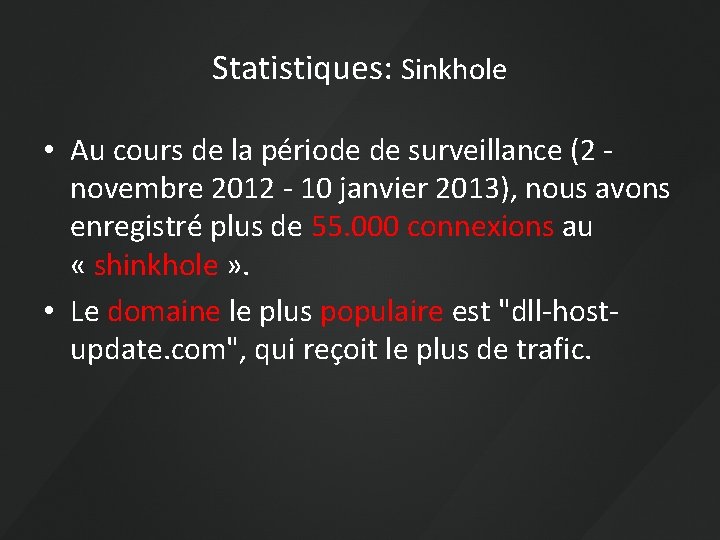 Statistiques: Sinkhole • Au cours de la période de surveillance (2 - novembre 2012