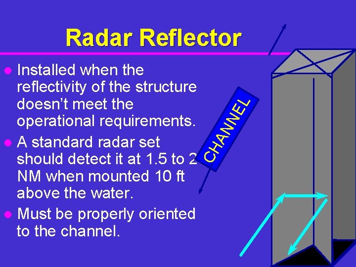 Radar Reflector Installed when the reflectivity of the structure doesn’t meet the operational requirements.