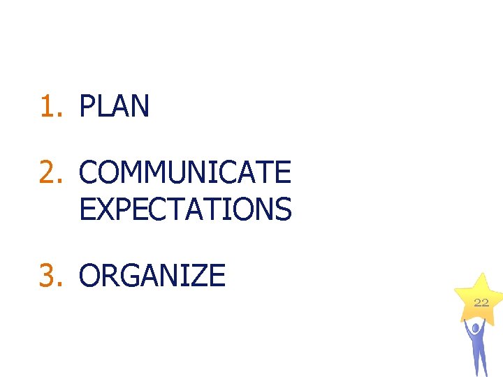 1. PLAN 2. COMMUNICATE EXPECTATIONS 3. ORGANIZE 22 